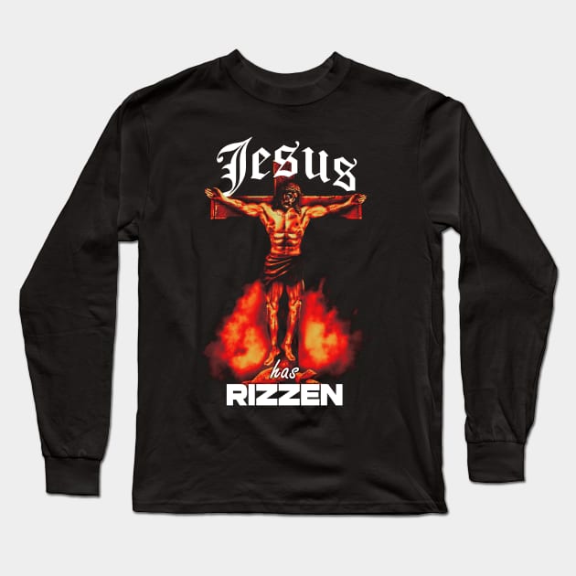 Jesus Has RIZZen Meme Buff Jesus Funny Graphic Design Long Sleeve T-Shirt by PW Design & Creative